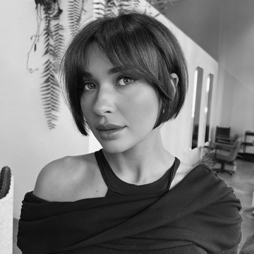 Jessica Sands Black and White Headshot with French Bob